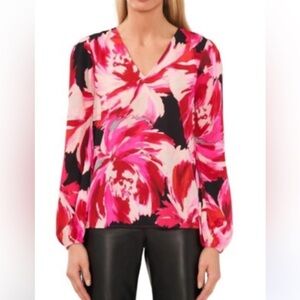 Nordstrom Floral V-Neck Blouse - Pink and Black